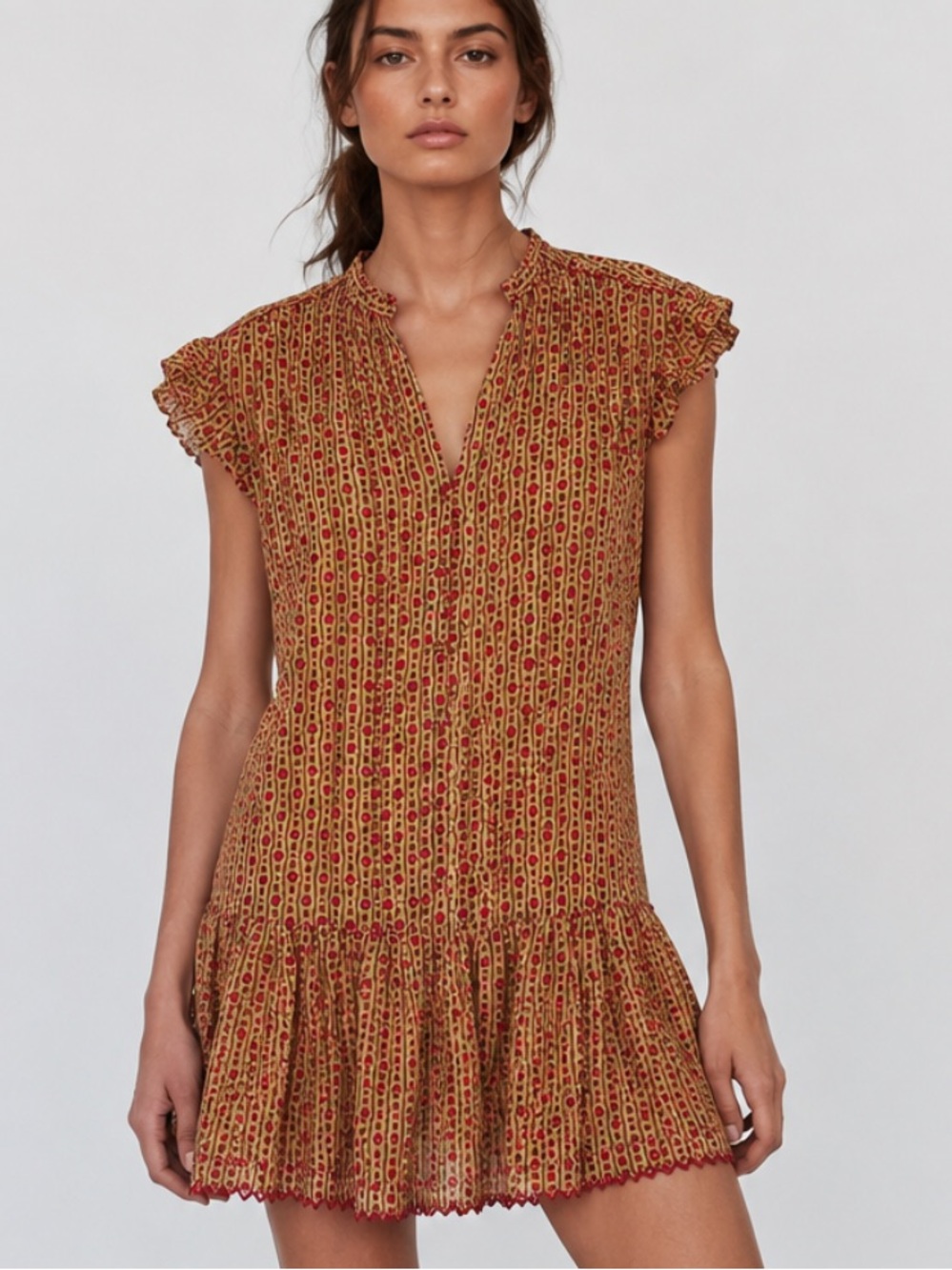 Saloni Bettie Dress with Embroidered Hem Detail in Yellow and Pink